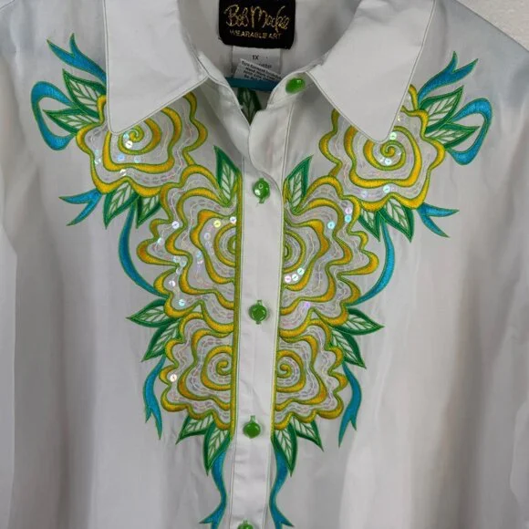 NWT Bob Mackie Wearable Art Top White Sz 1X Button Up Flower Embroidered Sequins - Picture 7 of 16